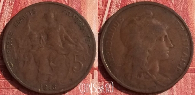 Франция 5 сантимов 1916 года, KM# 842, 337o-112