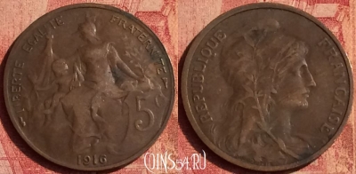 Франция 5 сантимов 1916 года, KM# 842, 383o-017