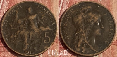 Франция 5 сантимов 1916 года, KM# 842, 447p-075 ♛