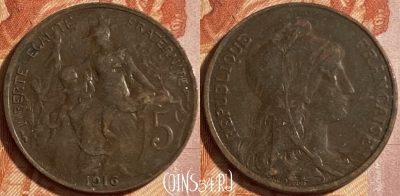 Франция 5 сантимов 1916 года, KM# 842, 491р-001 ♛