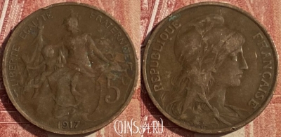 Франция 5 сантимов 1917 года, KM# 842, 041p-059 ♛