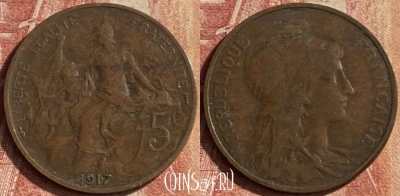 Франция 5 сантимов 1917 года, KM# 842, 107p-017 ♛