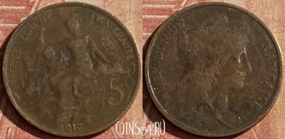 Франция 5 сантимов 1917 года, KM# 842, 164p-109 ♛