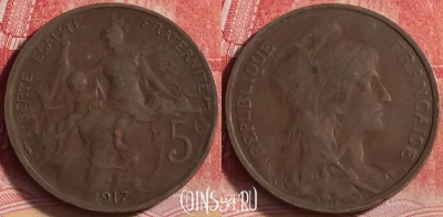 Франция 5 сантимов 1917 года, KM# 842, 207j-143