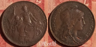 Франция 5 сантимов 1917 года, KM# 842, 387o-090 ♛