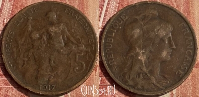 Франция 5 сантимов 1917 года, KM# 842, 447p-072 ♛