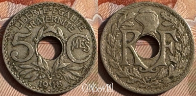 Франция 5 сантимов 1918 года, KM# 865, 249s-109