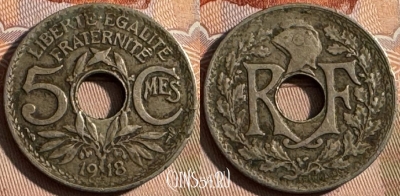 Франция 5 сантимов 1918 года, KM# 865, 250s-052