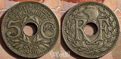 Франция 5 сантимов 1918 года, KM# 865, 252s-109