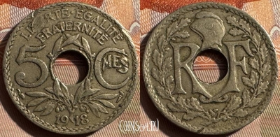 Франция 5 сантимов 1918 года, KM# 865, 322s-074