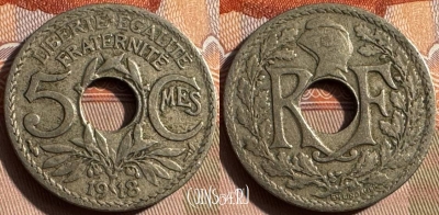 Франция 5 сантимов 1918 года, KM# 865, 325s-005