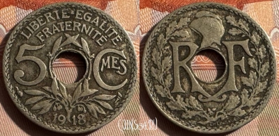 Франция 5 сантимов 1918 года, KM# 865, 326s-030