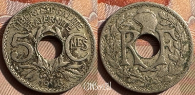 Франция 5 сантимов 1918 года, KM# 865, 339s-056