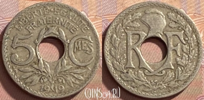 Франция 5 сантимов 1919 года, KM# 865, 218p-097