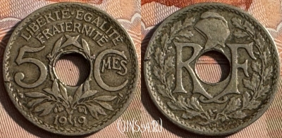 Франция 5 сантимов 1919 года, KM# 865, 250s-101