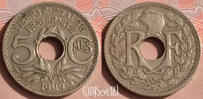 Франция 5 сантимов 1919 года, KM# 865, 307o-133