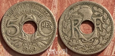 Франция 5 сантимов 1919 года, KM# 865, 336q-009 ♛