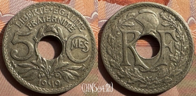 Франция 5 сантимов 1919 года, KM# 865, 343s-003