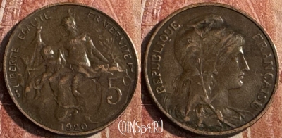 Франция 5 сантимов 1920 года, KM# 842, 127s-074 ♛