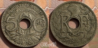 Франция 5 сантимов 1920 года, 19мм, KM# 865, 258s-129 ♛