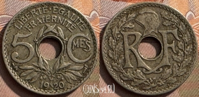 Франция 5 сантимов 1920 года, 19мм, KM# 865, 269s-124