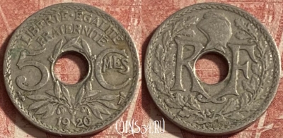 Франция 5 сантимов 1920 года, KM# 865, 278p-141