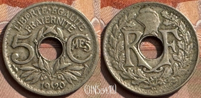 Франция 5 сантимов 1920 года, 19мм, KM# 865, 309s-130