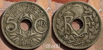 Франция 5 сантимов 1920 года, 19мм, KM# 865, 310s-050