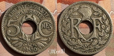 Франция 5 сантимов 1920 года, KM# 865, 333s-044