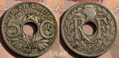 Франция 5 сантимов 1920 года, KM# 865, 340s-053