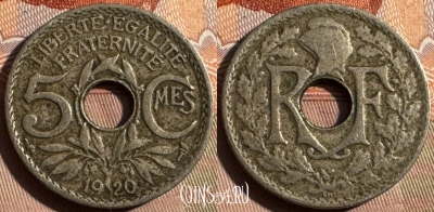Франция 5 сантимов 1920 года, 19мм, KM# 865, 354s-112