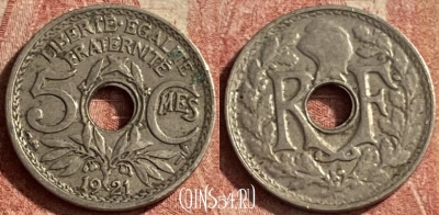 Франция 5 сантимов 1921 года, KM# 875, 144p-112 ♛