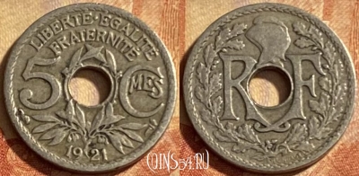 Франция 5 сантимов 1921 года, KM# 875, 207p-116