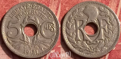Франция 5 сантимов 1921 года, KM# 875, 367o-010