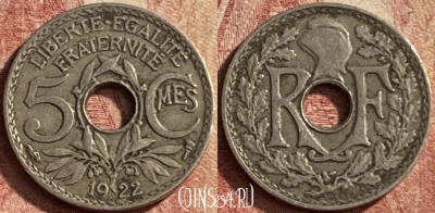 Франция 5 сантимов 1922 года, KM# 875, 145p-086