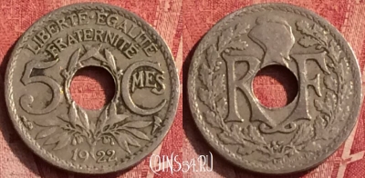 Франция 5 сантимов 1922 года, KM# 875, 367o-050