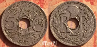 Франция 5 сантимов 1922 года, KM# 875, 437o-005