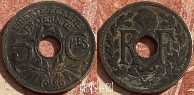 Франция 5 сантимов 1926 года, KM# 875, 284p-111