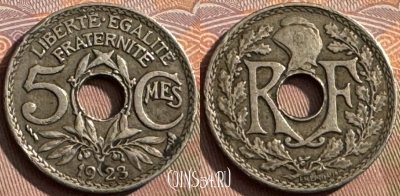 Франция 5 сантимов 1923 года, KM# 875, 393s-142
