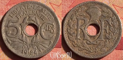 Франция 5 сантимов 1924 года, KM# 875, 229i-073