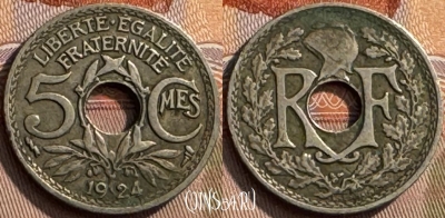 Франция 5 сантимов 1924 года, KM# 875, 266s-106