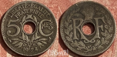 Франция 5 сантимов 1924 года, KM# 875, 271p-047