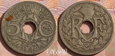 Франция 5 сантимов 1924 года, KM# 875, 341p-038 ♛