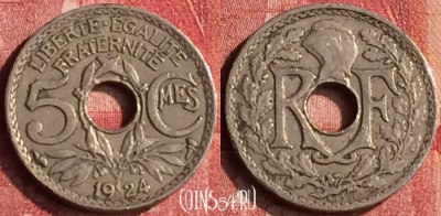 Франция 5 сантимов 1924 года, KM# 875, 399-019
