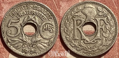 Франция 5 сантимов 1924 года, KM# 875, 461q-077 ♛