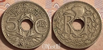 Франция 5 сантимов 1924 года, KM# 875, 486р-117 ♛