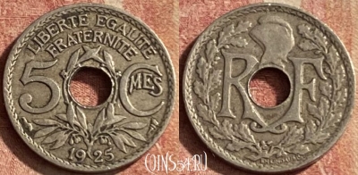 Франция 5 сантимов 1925 года, KM# 875, 144p-089
