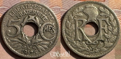 Франция 5 сантимов 1925 года, KM# 875, 341s-092