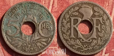 Франция 5 сантимов 1925 года, KM# 875, 367o-075