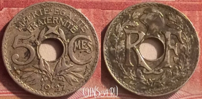 Франция 5 сантимов 1927 г., редкая, KM# 875, 160m-062